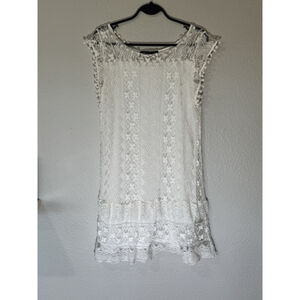 Zanzea Cream Lace Boho Shift Dress Pom Trim Sleeveless Women’s Size 12 Festival